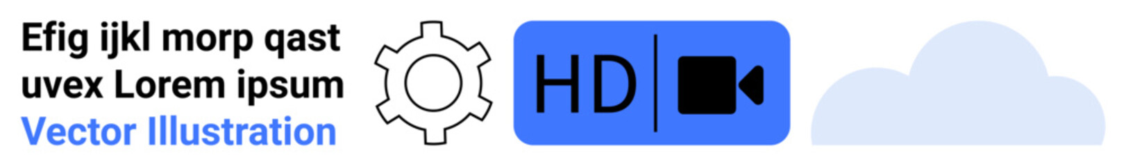 Gear icon, HD video label, cloud, placeholder text emphasizing technology, media, and connectivity. Ideal for digital tools, cloud storage, streaming media platforms technology solutions video