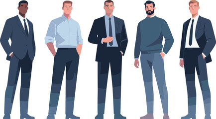 Diverse professional men standing separately in business and casual attire representing teamwork, leadership, corporate office environment, and confident young executivesflat vector illustration