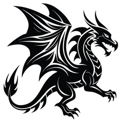 Black and White Dragon Vector Illustration, Mythical Creature Silhouette, Fantasy Fire-Breathing Dragon Design