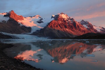Naklejka premium Majestic mountain sunset over glacier lake landscape 