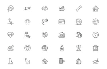 Array of petrelated icons with thin line art style on white background