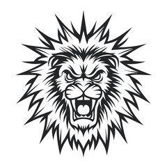 Obraz premium Monochrome Lion Head Graphic: Fierce Expression and Spiky Mane, Vector Illustration for Creative Projects 