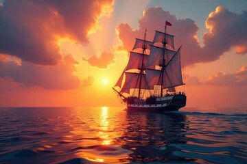 Fototapeta premium A majestic Victoria-era ship sails freely on a calm ocean under a vibrant sunset, symbolizing liberty and adventure The image evokes themes of exploration and the pursuit of freedom , escape, ocean