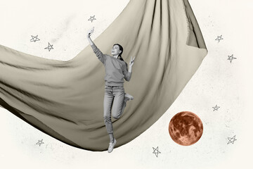 Banner 3d poster art collage of happy girl guy stand space galaxy moon planet cosmos discovery...