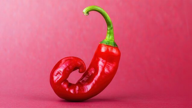Single Red Chili Pepper with a Curled End on a Pink Background for Culinary or Food Photography