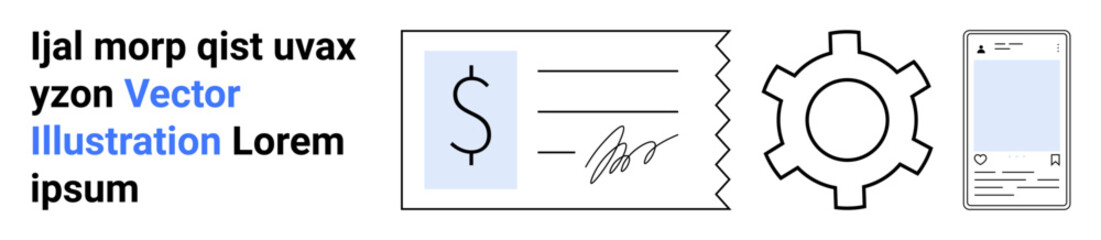 Dollar-signed receipt with signature, stylized gear, and mobile device screen layout. Ideal for finance, technology, app design, digital payment, online tools, fintech simple landing page