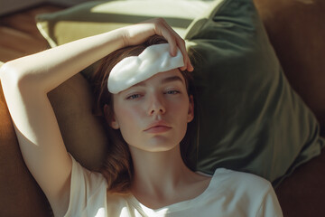 Fototapeta premium Young woman relaxing on sofa with cold compress on forehead 