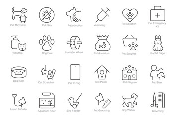 Collection of 24 blackandwhite line icons representing various petrelated themes and services