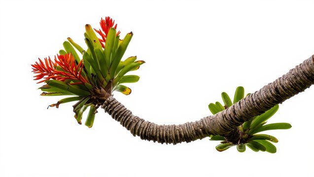 Bromeliad Plant with Red Flowers and a Unique Stem on a White Background Tropical Plant