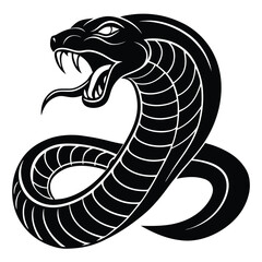 Fierce Cobra Snake Vector Illustration, Black and White Venomous Snake, Coiled Aggressive Reptile Design