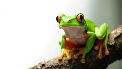 Green tree frog perched on white, vibrant details , vibrant, closeup
