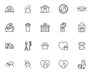 Icons of dogrelated items including food grooming and care products arranged in a grid