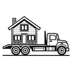 House transport on flatbed truck black and white icon home relocation.