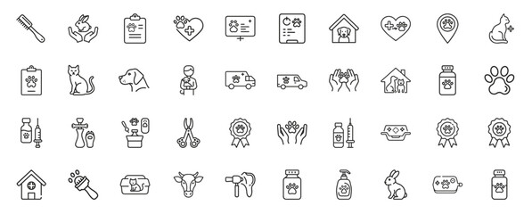 Line art icons feature veterinary care including animals medical tools and related symbols