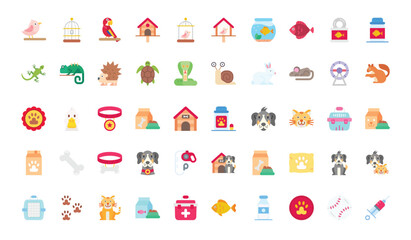 Pixelated icons of various pets and petrelated items displayed on a white background
