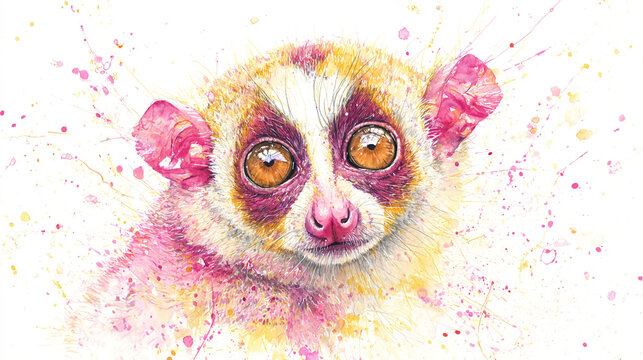 A solitary watercolor slow loris with blooming petal eyes