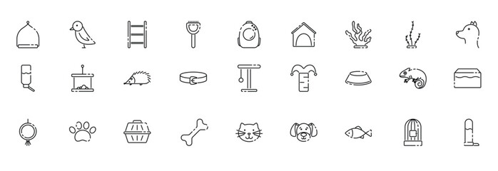 Set of petrelated line icons animals accessories and habitats