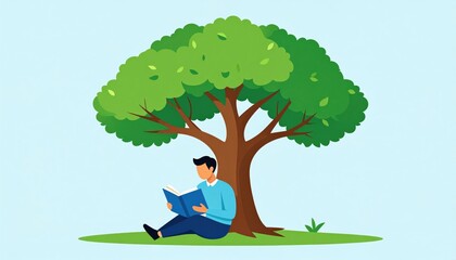 Man Reading Book Under Tree In Park Illustration