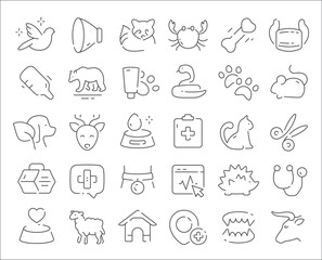 Thin line icons animals bird medical stethoscope snake bone crab mouse dog cat and hedgehog
