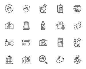 Twenty outline icons relating to animal carepets are displayed in a grid arrangement on a white background