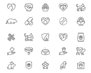 Twentyfive line art petrelated icons arranged in a grid pattern