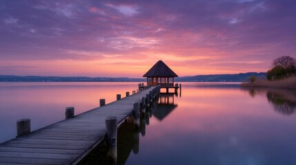 Fototapeta premium A pier leads to a hut on tranquil water under a sky with pink purple clouds