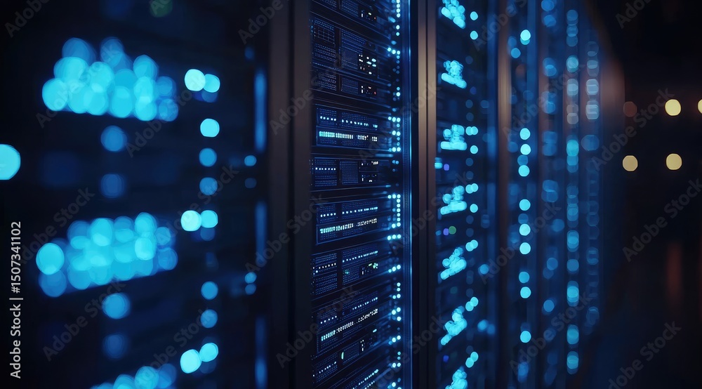 Fototapete close-up of illuminated server racks with blue led lights in a dim data center, suitable for illustr