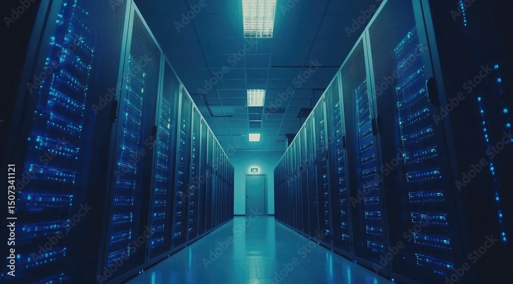 Fototapete dark server room with blue-lit racks and overhead lights in a secure hallway, great for cloud techno