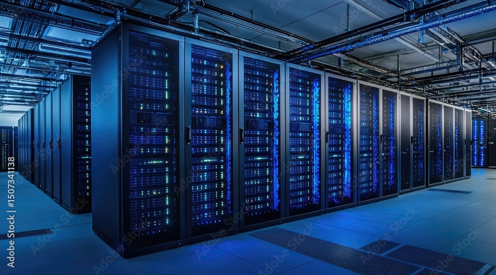 Fototapete wide view of a modern data center with organized server racks and overhead cable trays, ideal for cl