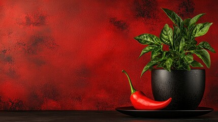 A red chili pepper next to potted green leafy plant