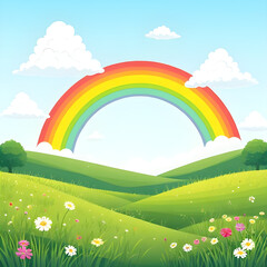 bright summer rainbow, cartoon meadow with rainbow, rainbow clouds cartoon, cute rainbow background, cartoon countryside scene, happy rainbow cartoon, cartoon rainbow art, rainbow in blue sky cartoon,