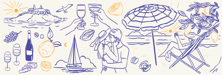 Plakat Italian Amalfi summer wedding vacation doodle style illustrations. Vector ink hand drawn Italy coast sea, lemons, wine and food elements. Sea weekend prints for invitation card to beach party, picnic.