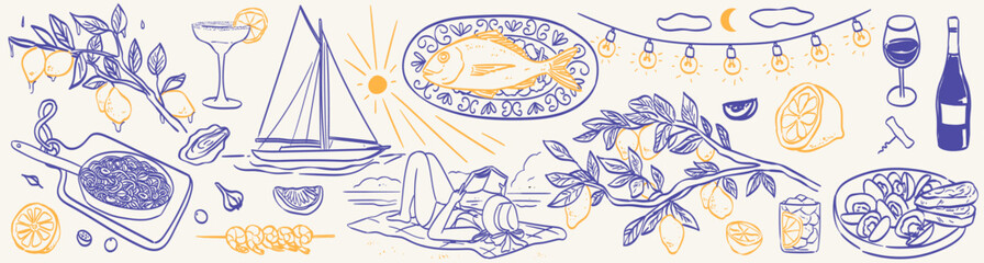 Fototapeta na wymiar Italian Amalfi summer vacation doodle style illustrations. Vector ink hand drawn Italy coast sea, lemons, wine and food elements. Sea weekend rest drawing for poster, event placard, menu and prints.