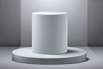 Minimalist white cylinder product display podium against a soft gray background scene