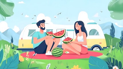 Smiling man and woman sit before a campervan enjoying sweet, refreshing watermelon slices