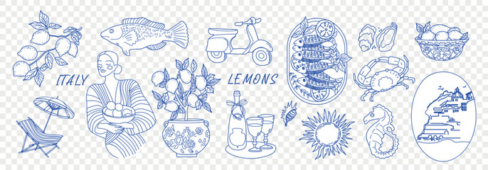 Italian doodle food. Summer seafood, lemon and wine. Amalfi coast beach sketch with cocktail,  sardines, sea beach, scooter, chaise lounge. Hand drawn vintage vector illustration of coastal Italy.