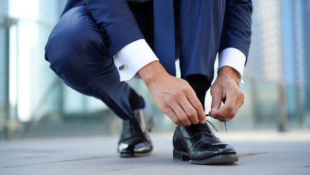Businessman Tying Shoe Laces Preparation and Professionalism - Powered by Adobe