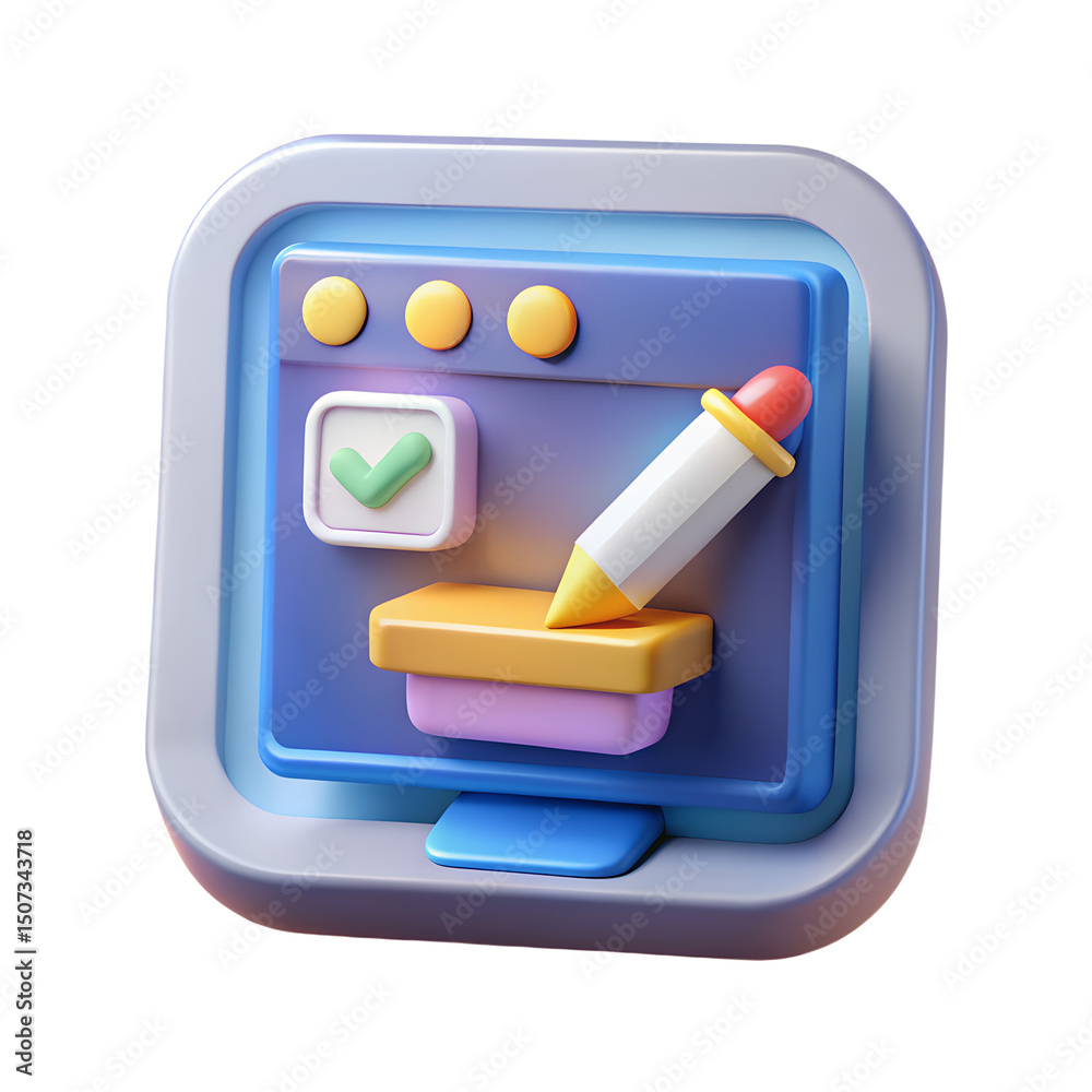 Poster 3d rendering icon on transparent background illustrating online editing and design tools with a chec