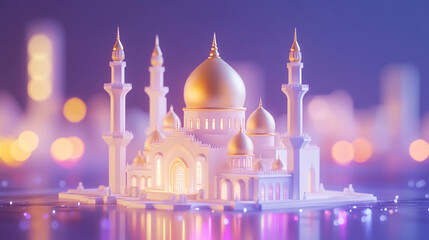 Modern 3D Illustration of a White Mosque with Golden and Purple Elements in a City Setting