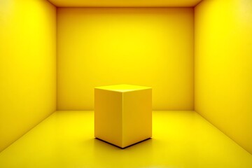 Monochrome Yellow Cuboid in a Room with Reflective Floor and Walls
