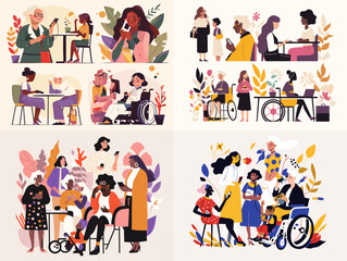 Naklejka premium Inclusion and Diversity: A vibrant mosaic of individuals, each a unique portrait of life, engaging in daily activities. This digital illustration celebrates diversity, inclusion.