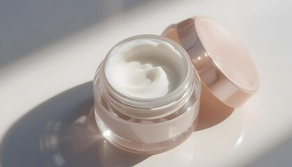 Photorealistic macro of an open face cream jar, smooth white texture inside, minimal clean background, elegant shadows