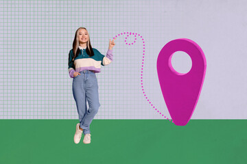 Full 3d image poster art collage of happy girl guy stand big geolocation icon gps route hold...