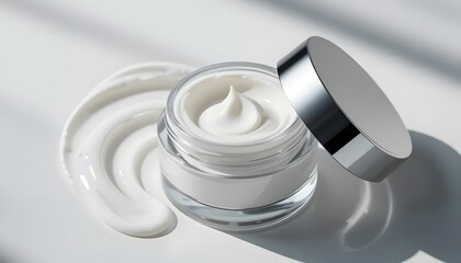 Photorealistic macro of an open face cream jar, smooth white texture inside, minimal clean background, elegant shadows