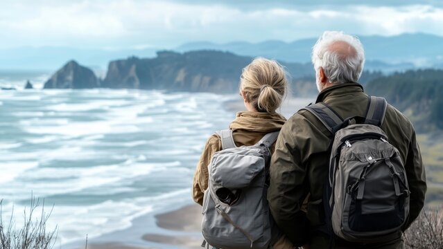 older couple standing side by side looking out at a scenic coastal view. They appear to be enjoying a moment of tranquility and natural beauty. elder people activity concept.