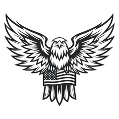 Obraz premium Monochrome vector image of an eagle holding an American flag in its talons, wings spread wide in a graphic, detailed illustration. 