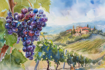 Watercolor Painting of Grapes and a Vineyard
