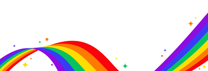 Curved Flowing Rainbow Pride Flag with Wave Motion and Sparkling Colorful Shapes for Pride Month Celebration Background in Vector Illustration