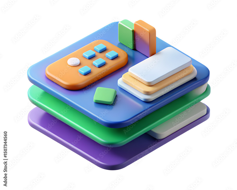 Poster a visually appealing 3d rendering of colorful stacked elements including a remote control icon on tr