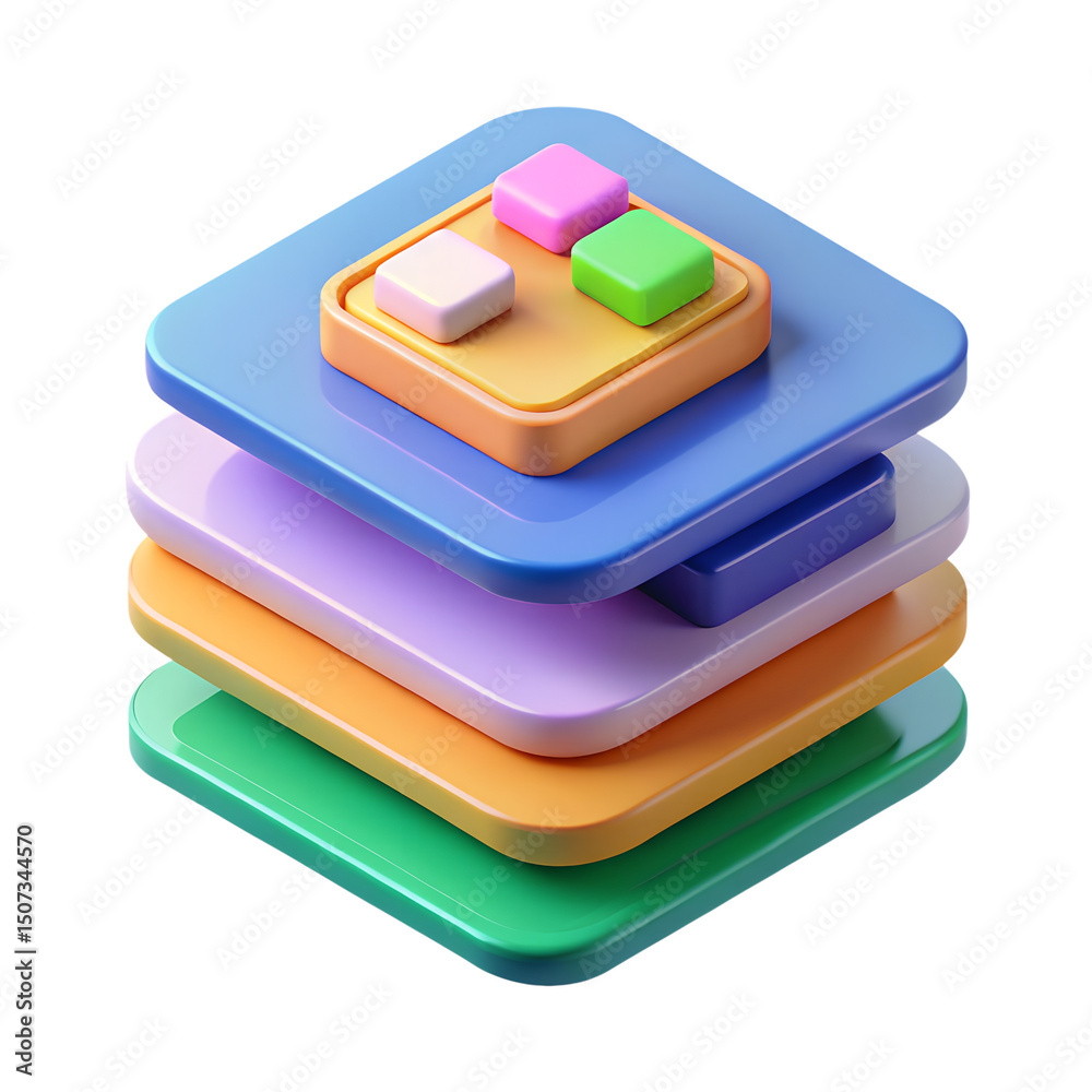Poster colorful 3d rendered stacked layers icon on a transparent background represents user interface eleme